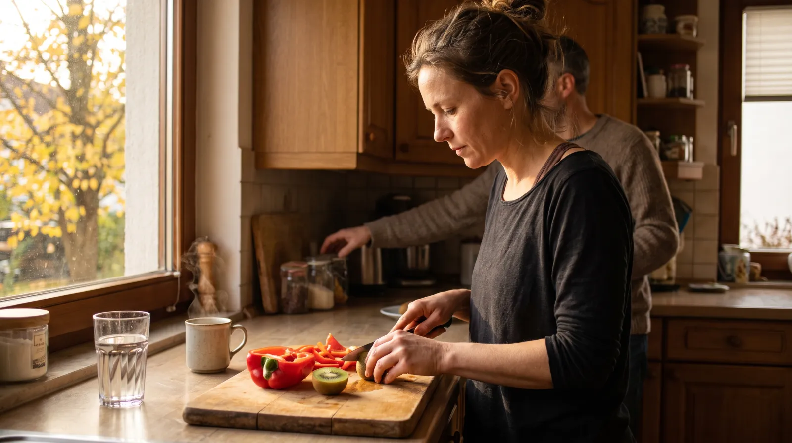 Žena v svetlej kuchyni si pripravuje raňajky a vitamíny na imunitu, na doske paprika, kivi a pohár vody